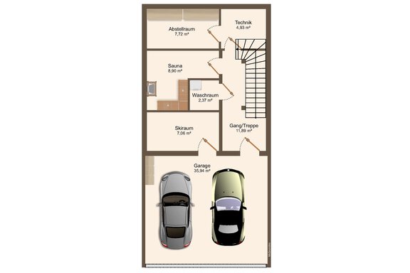 A schematic representation of a floor plan with various rooms such as sauna, technical room, and garage. Two cars are parked in the garage. - Chalet s’Tyrolia - Zwieselstein