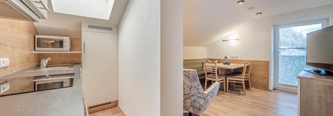 Eine moderne, helle Küche mit einem offenen Wohnbereich. Es gibt einen Esstisch und eine gemütliche Sitzecke. - Garni Ötztal ROOMS & APARTS - Zwieselstein